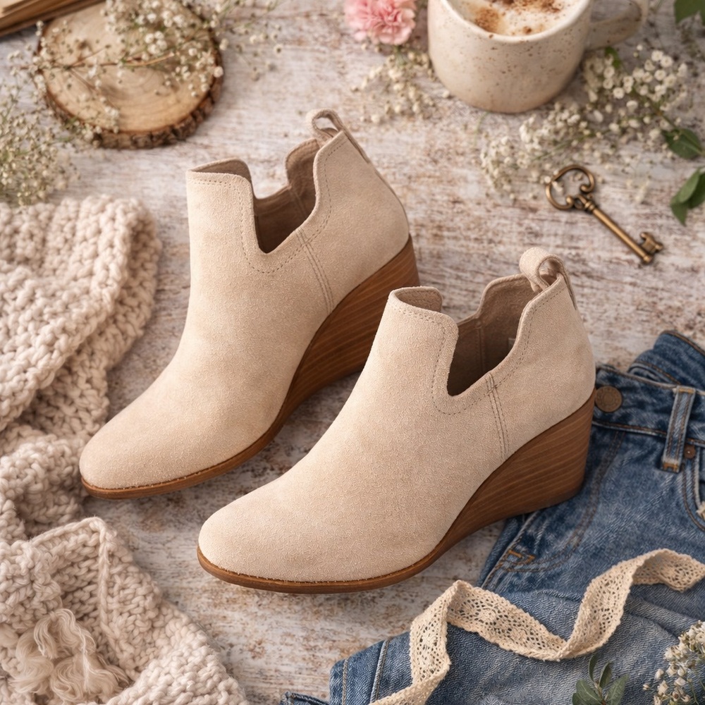 Beige/Cream Suede Ankle Booties Womens Size 7.5